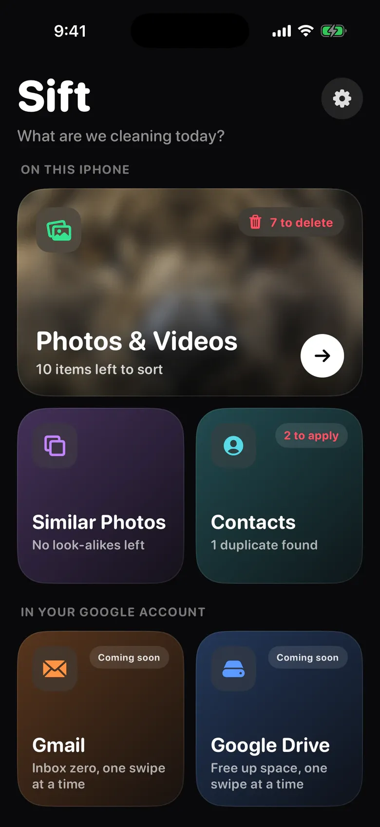 Sift’s home screen: Photos & Videos, Similar Photos, Contacts, and Gmail and Google Drive marked Coming soon